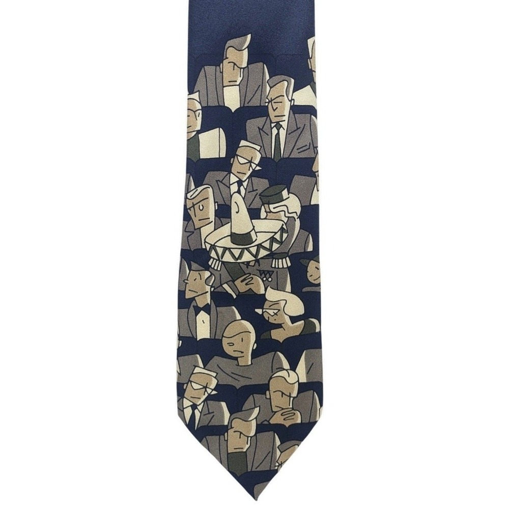 Vintage 90s Claude‎ Montana Silk Tie Navy Blue Graphic Theater Crowd Print Italy